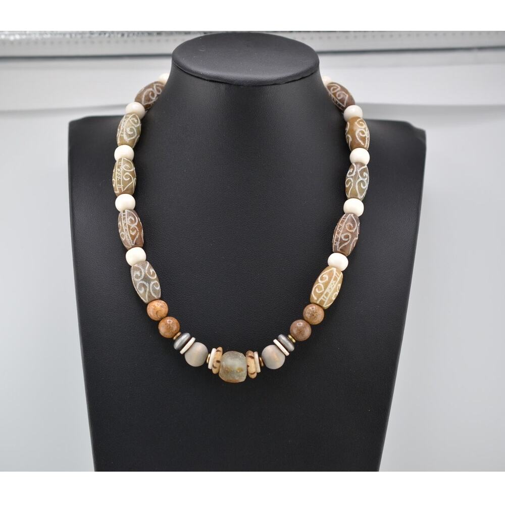 Navajo Handmade Carved Jade with Sea Coral, Jasper and Wood Bead 18" Necklace